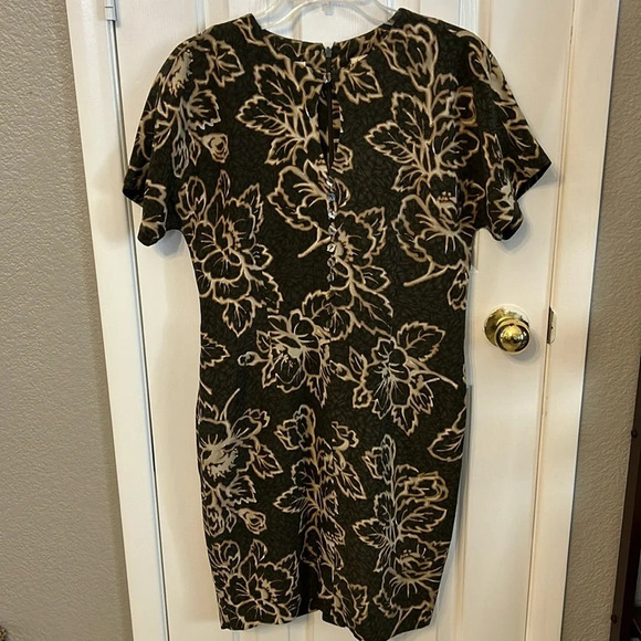 Dana Buchman Dresses Women’s (8) 100% Silk Vintage Olive Green Keyhole Floral - Picture 1 of 12